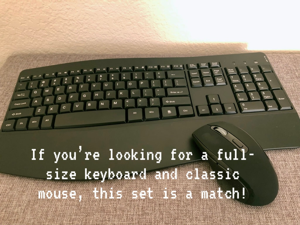 Wireless full size keyboard and mouse set. 