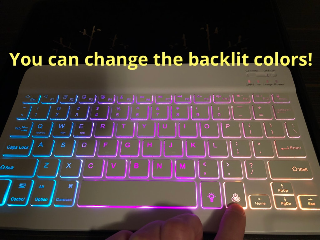 Backlit Bluetooth keyboard for typing. 